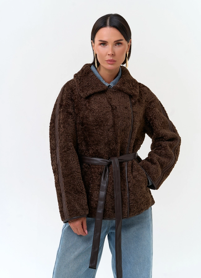 Женская дубленка из экокожи модель № 33906 меха малина