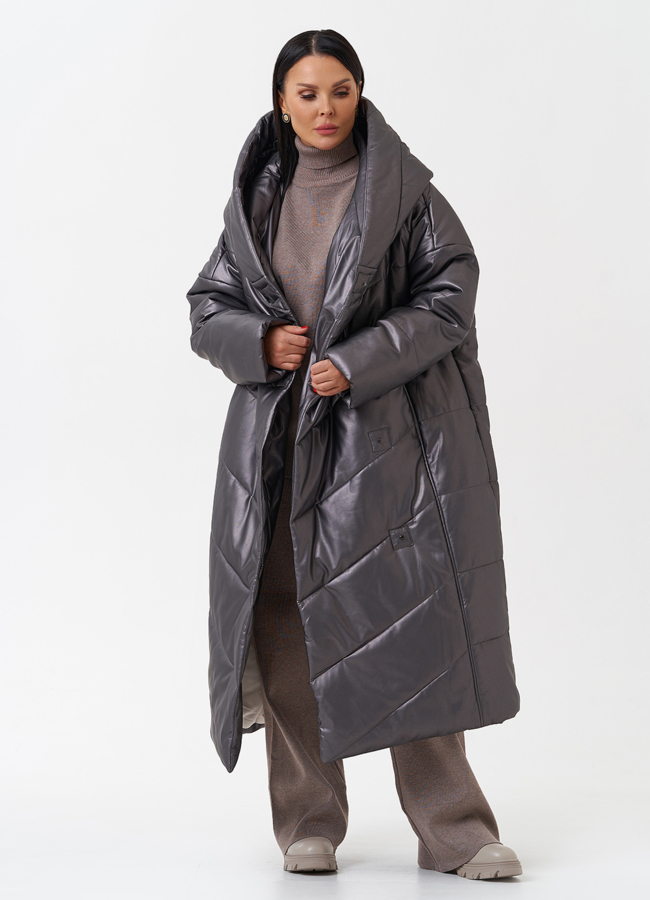 Пуховик из эко кожи с капюшоном модель № 27716 меха малина