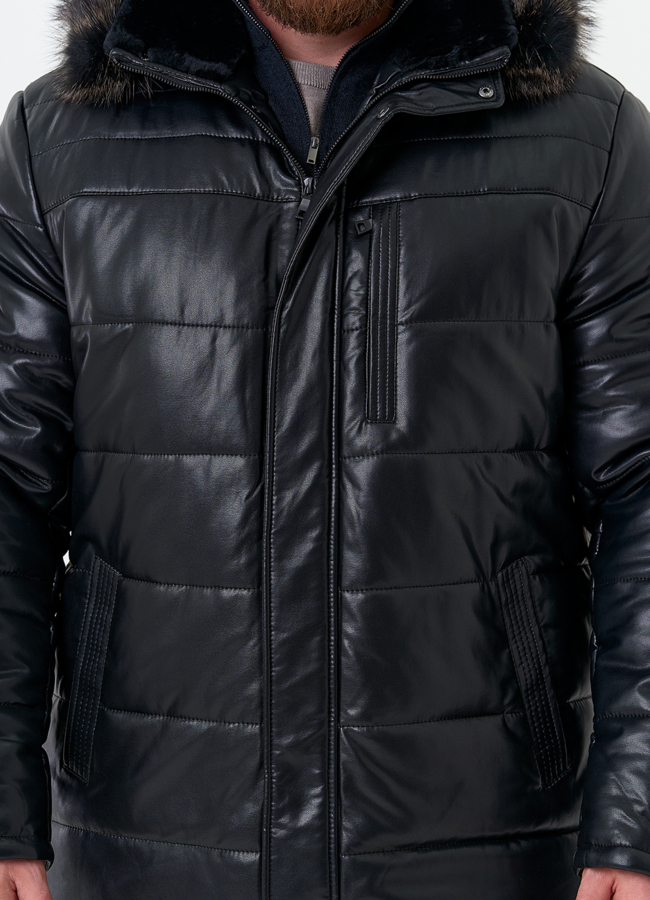 Пуховик из эко кожи с капюшоном из меха енота модель № 22072 универмаг малина