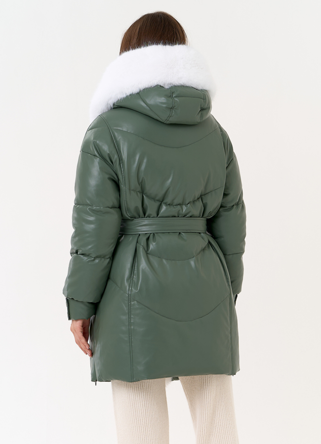 фото Женский пуховик из эко кожи с отделкой из эко меха модель № 30736