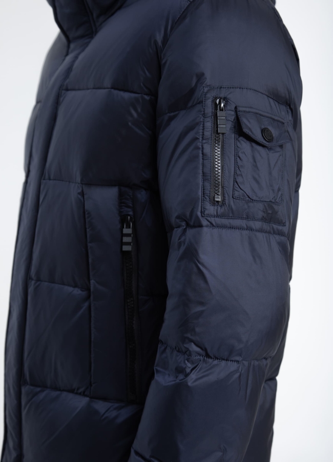 Пуховик мужской синего цвета с капюшоном  модель № 25789 универмаг малина