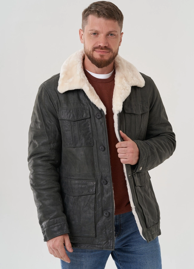 Куртка мужская из натуральной кожи  модель № 82314 меха малина