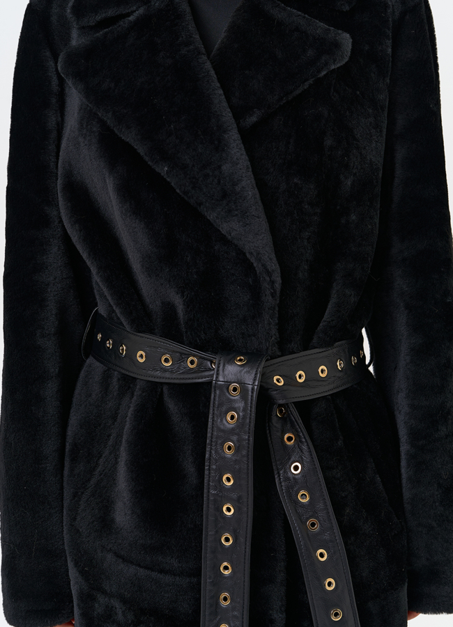 Женская натуральная дубленка с двойным поясом модель № 31612 универмаг малина