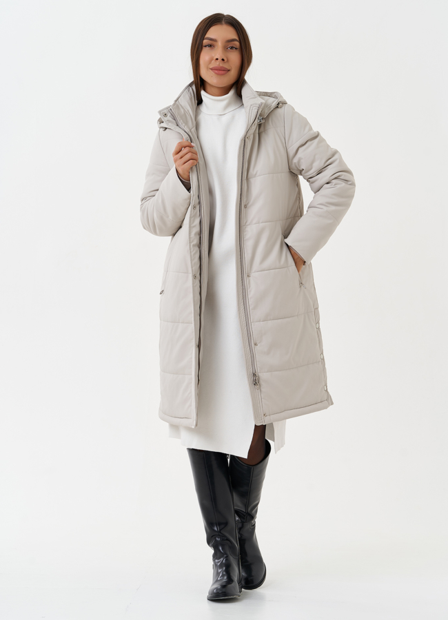 Светлый пуховик из эко кожи  модель № 27728 универмаг малина