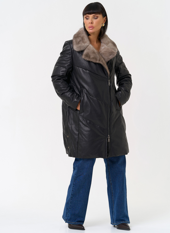 Пуховик из натуральной кожи с воротником из меха норки