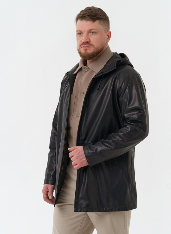 Мужская парка из натуральной кожи с капюшоном