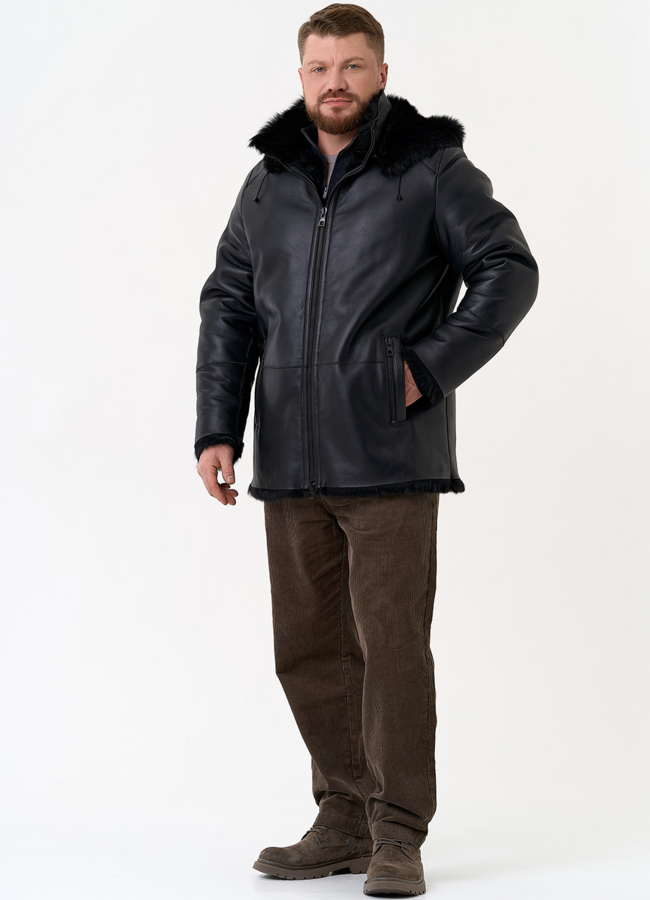 Мужская дубленка черного цвета с капюшоном модель № 31792 универмаг малина