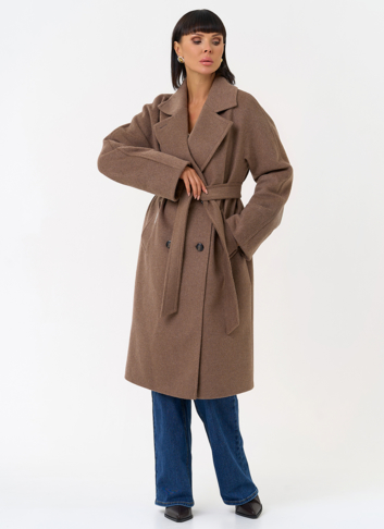 Женское двубортное пальто с поясом 