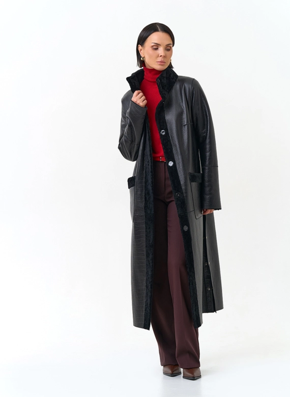 Женская двухсторонняя дубленка с поясом фото