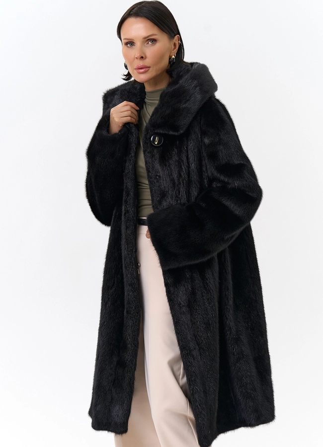 Черная норковая шуба с капюшоном модель № 26158 универмаг малина