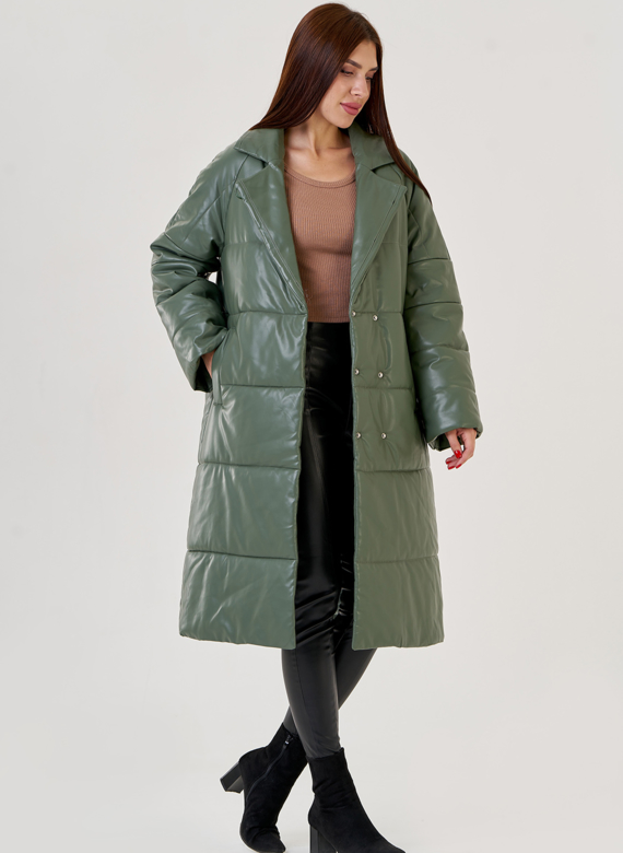 Женский классический пуховик Malina Siberian из эко кожи в зеленом цвете