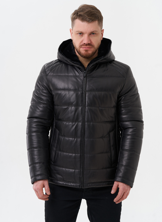 Пуховик из натуральной кожи с отделкой из мутона