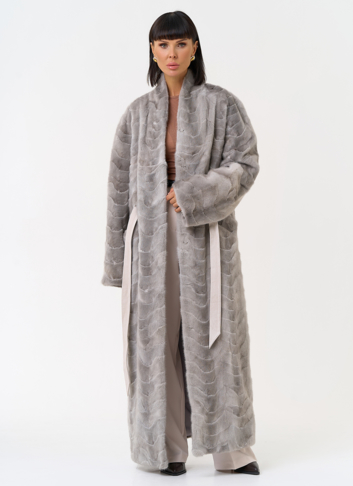 Длинная шуба из меха норки с поясом