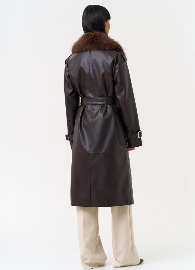 Женское утепленное пальто из экокожи с воротником из эко меха модель № 30704 в рассрочку