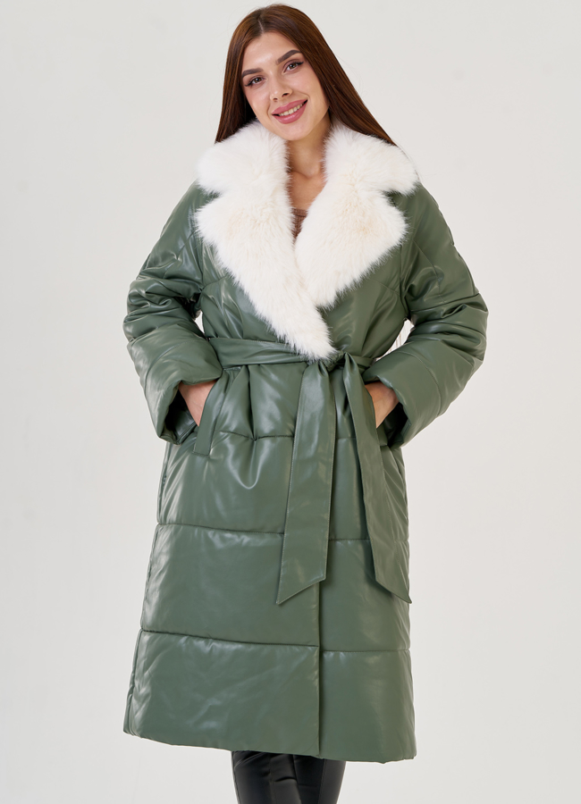 Женский классический пуховик Malina Siberian из эко кожи в зеленом цвете модель № 23365 универмаг малина