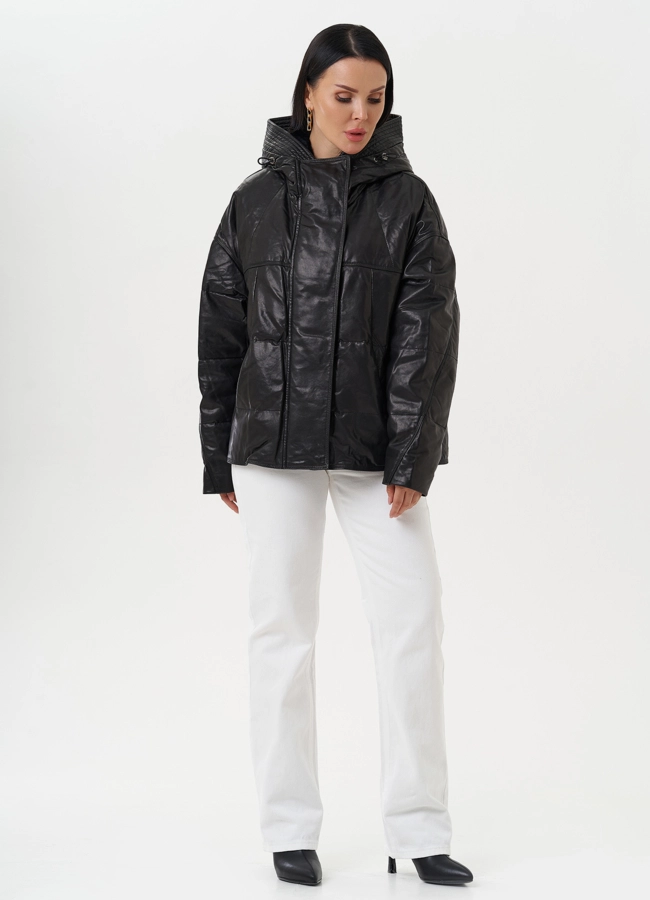 Утепленная куртка из натуральной кожи с капюшоном модель № 28111 в рассрочку